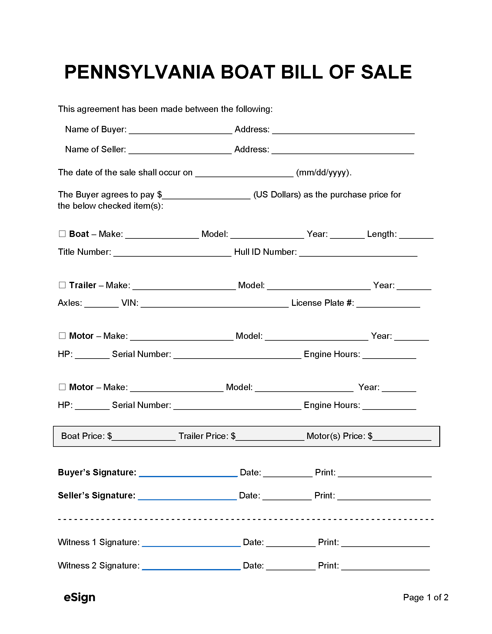 Free Pennsylvania Boat Bill Of Sale Form PDF Word