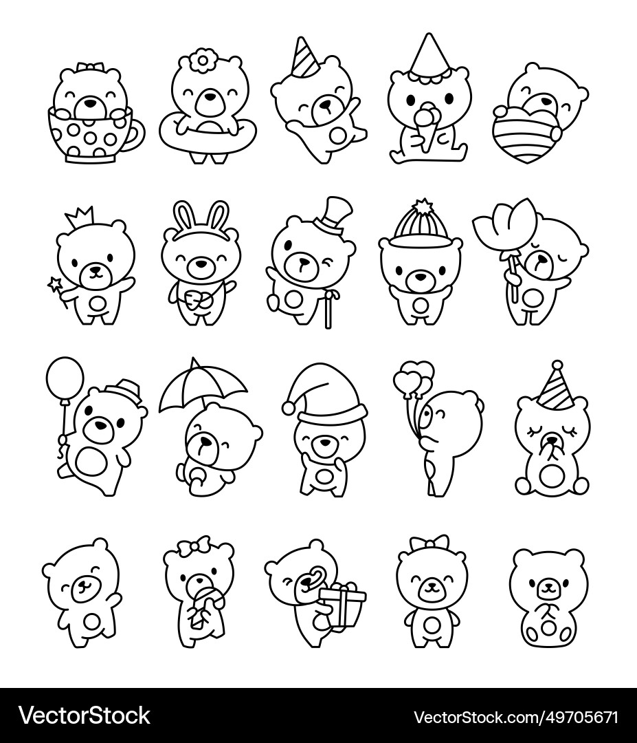 Kawaii Teddy Bear Coloring Page Royalty Free Vector VectorStock