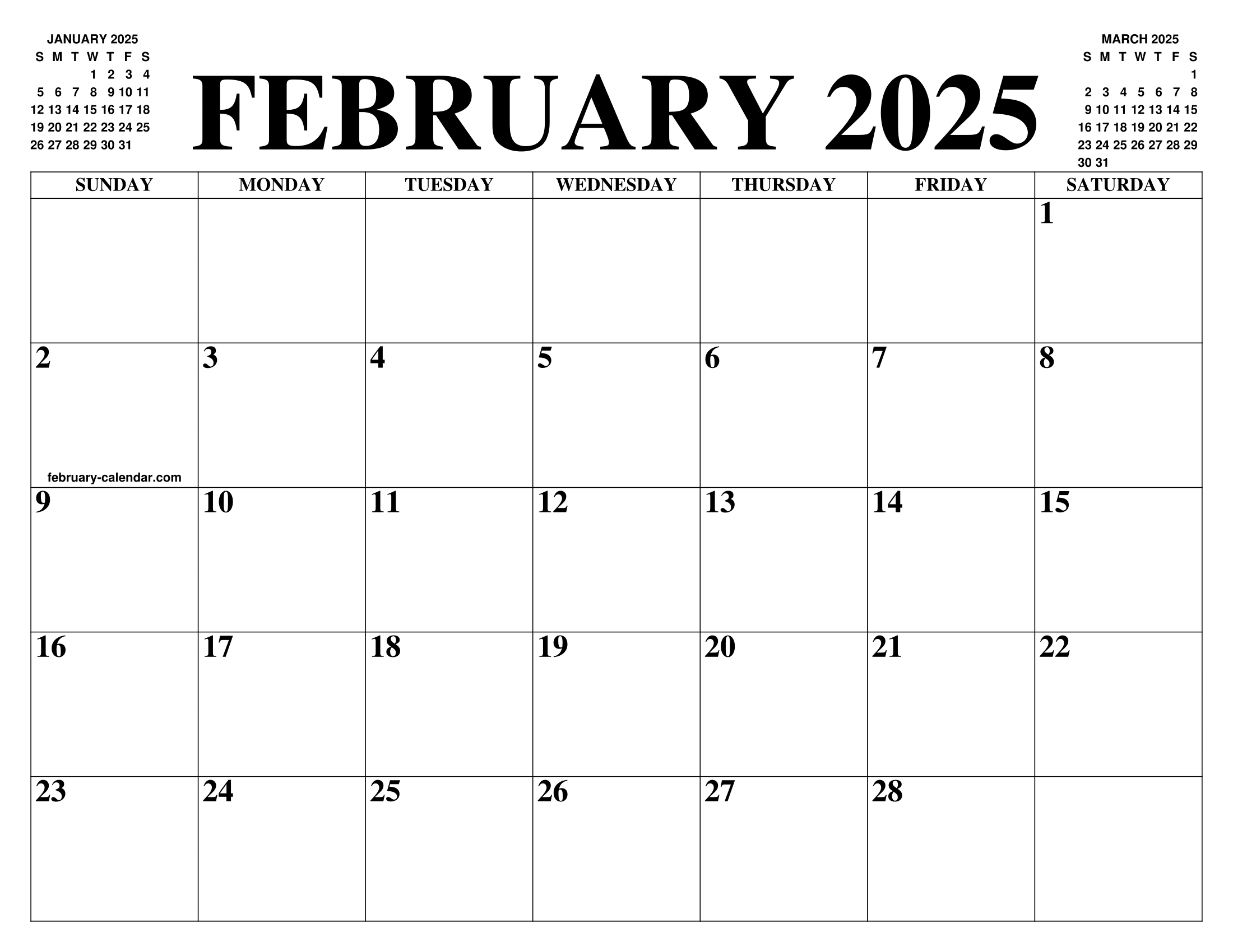 FEBRUARY 2025 CALENDAR OF THE MONTH FREE PRINTABLE FEBRUARY 2025 