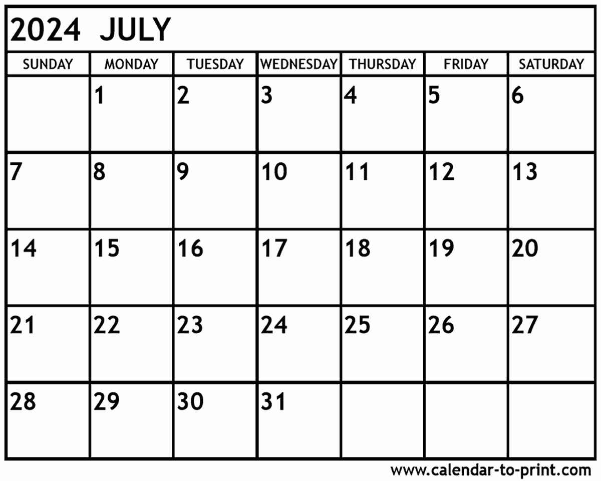 Print Calendar July 2024 Calendar Printable Holli Latrina