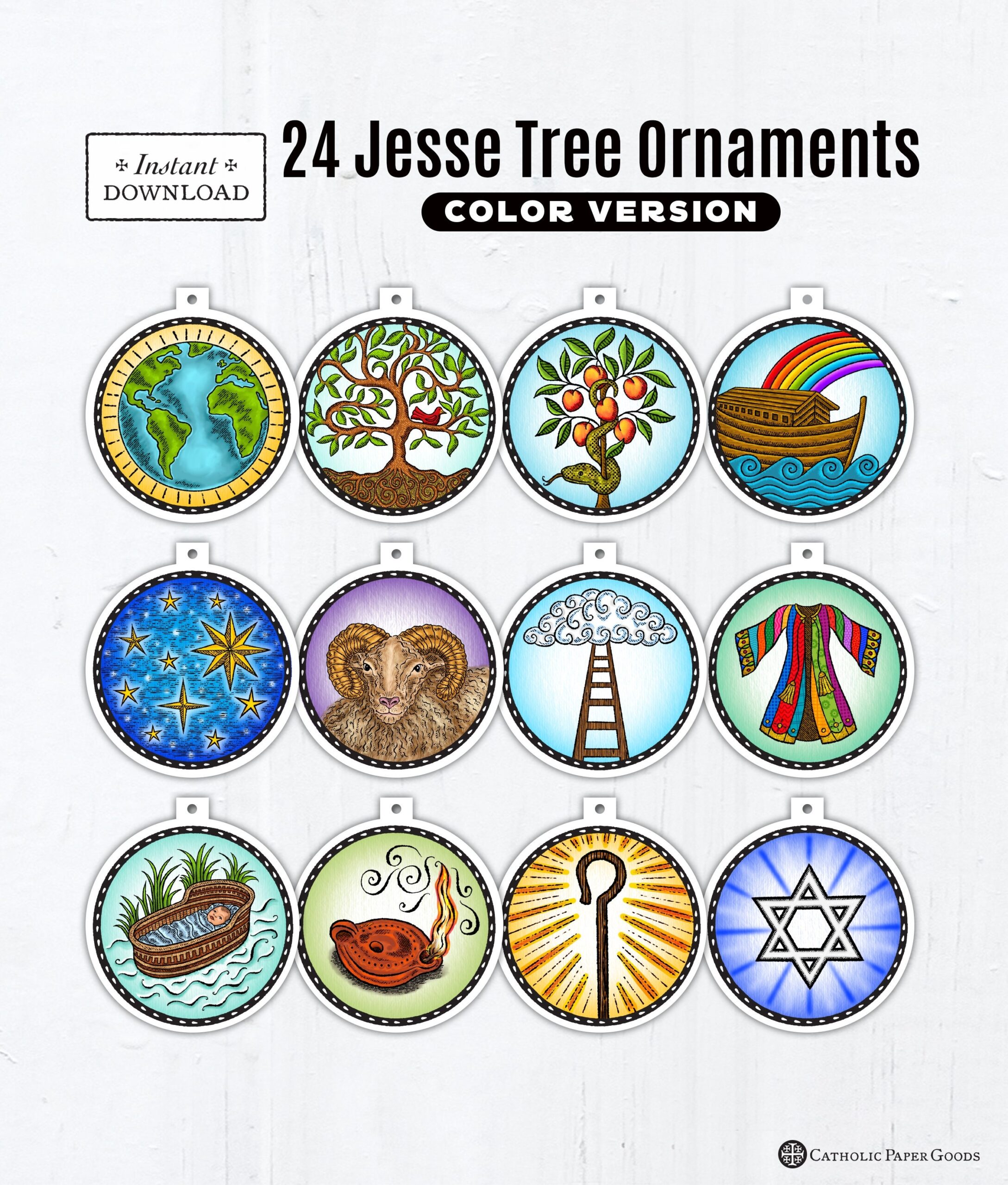 24 Jesse Tree Printable Color Ornaments PDF Full Color Ornaments Catholic Printable Ornaments Instant Download Advent Decor Jesse Tree