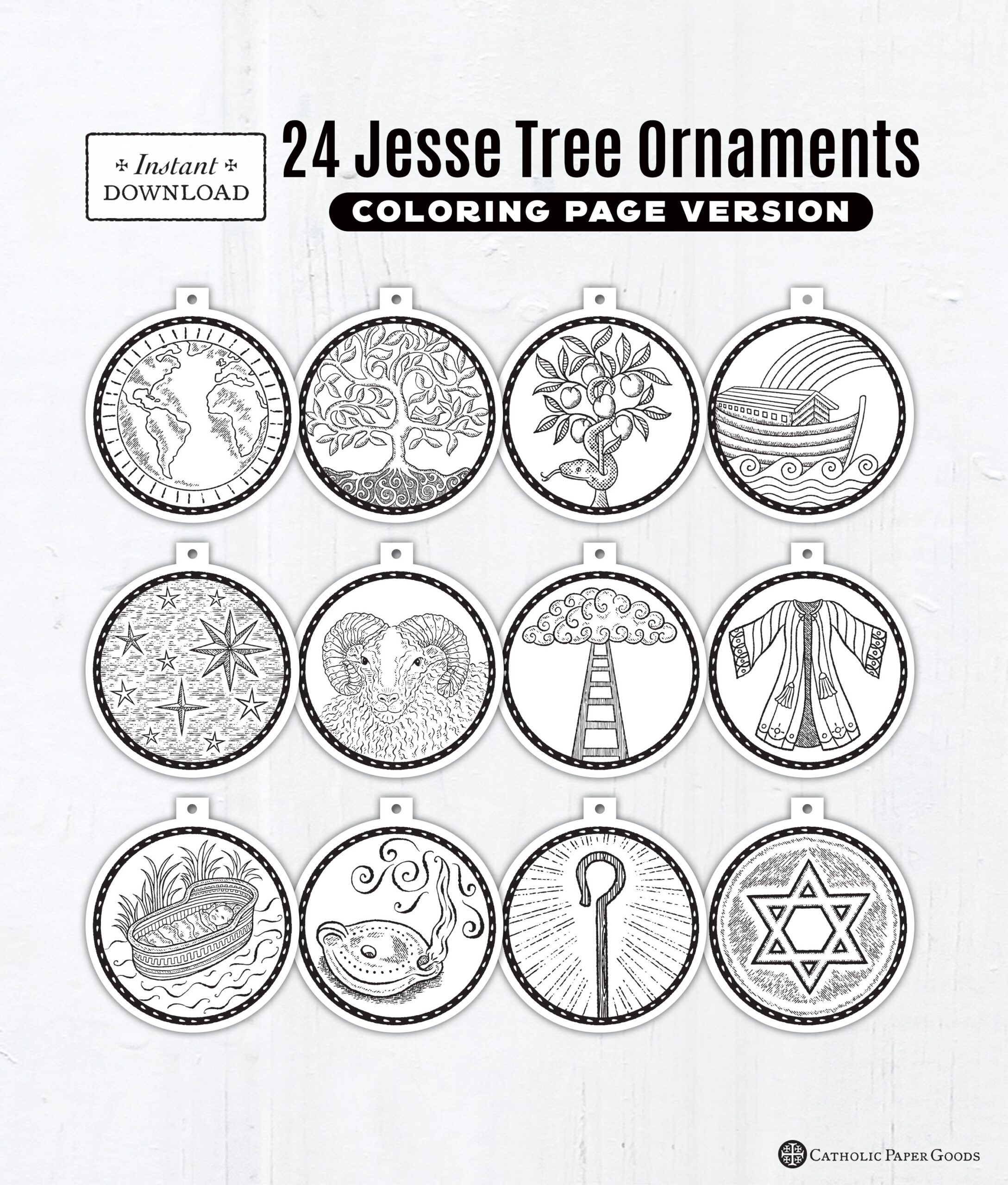 24 Jesse Tree Printable Ornaments PDF Coloring Page Ornaments Catholic Printable Ornaments Instant Download Advent Decor Jesse Tree