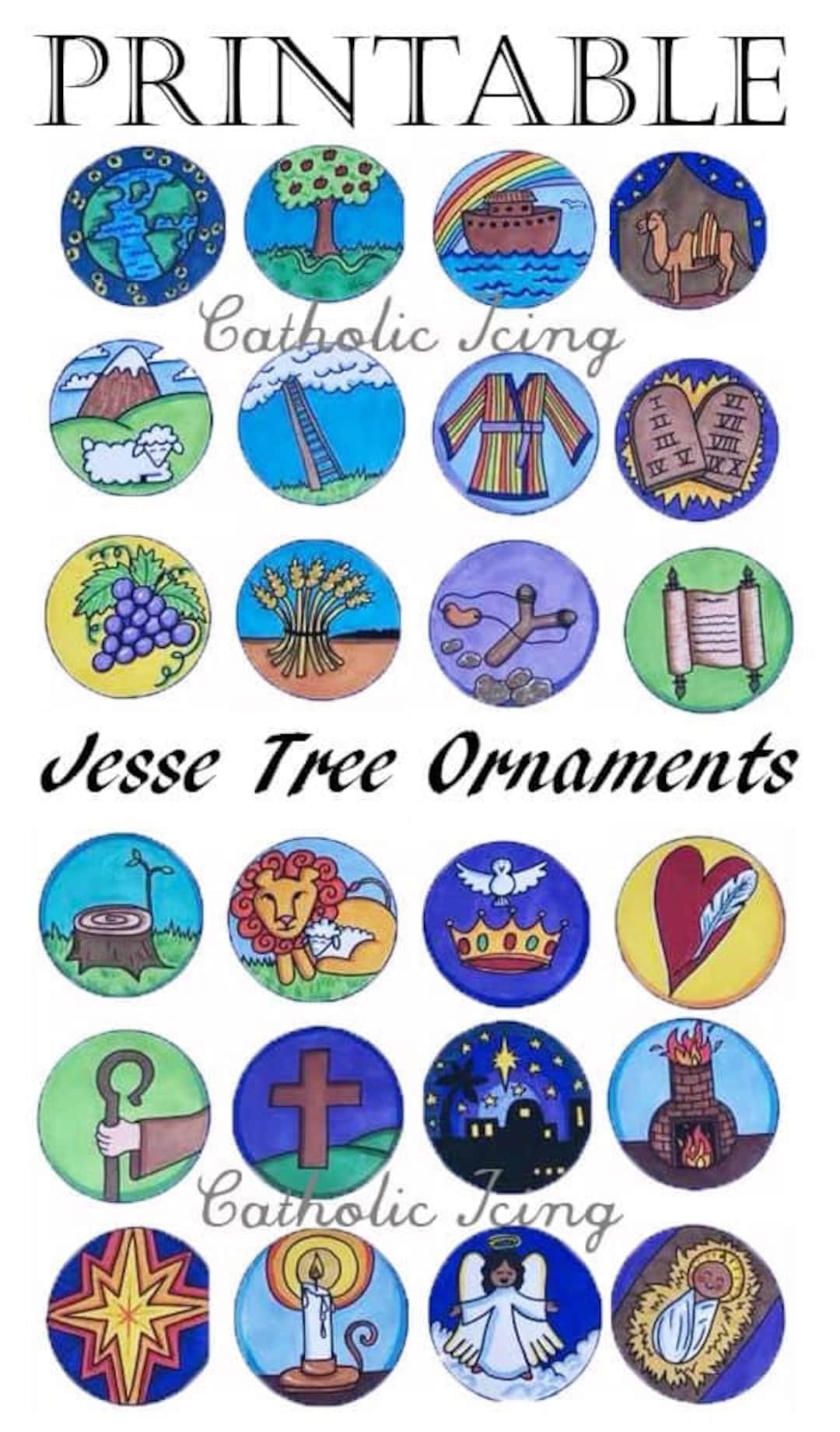 Printable Jesse Tree Ornaments In Black And White And Full Color Instant Download Low Prep Activity For Advent Etsy