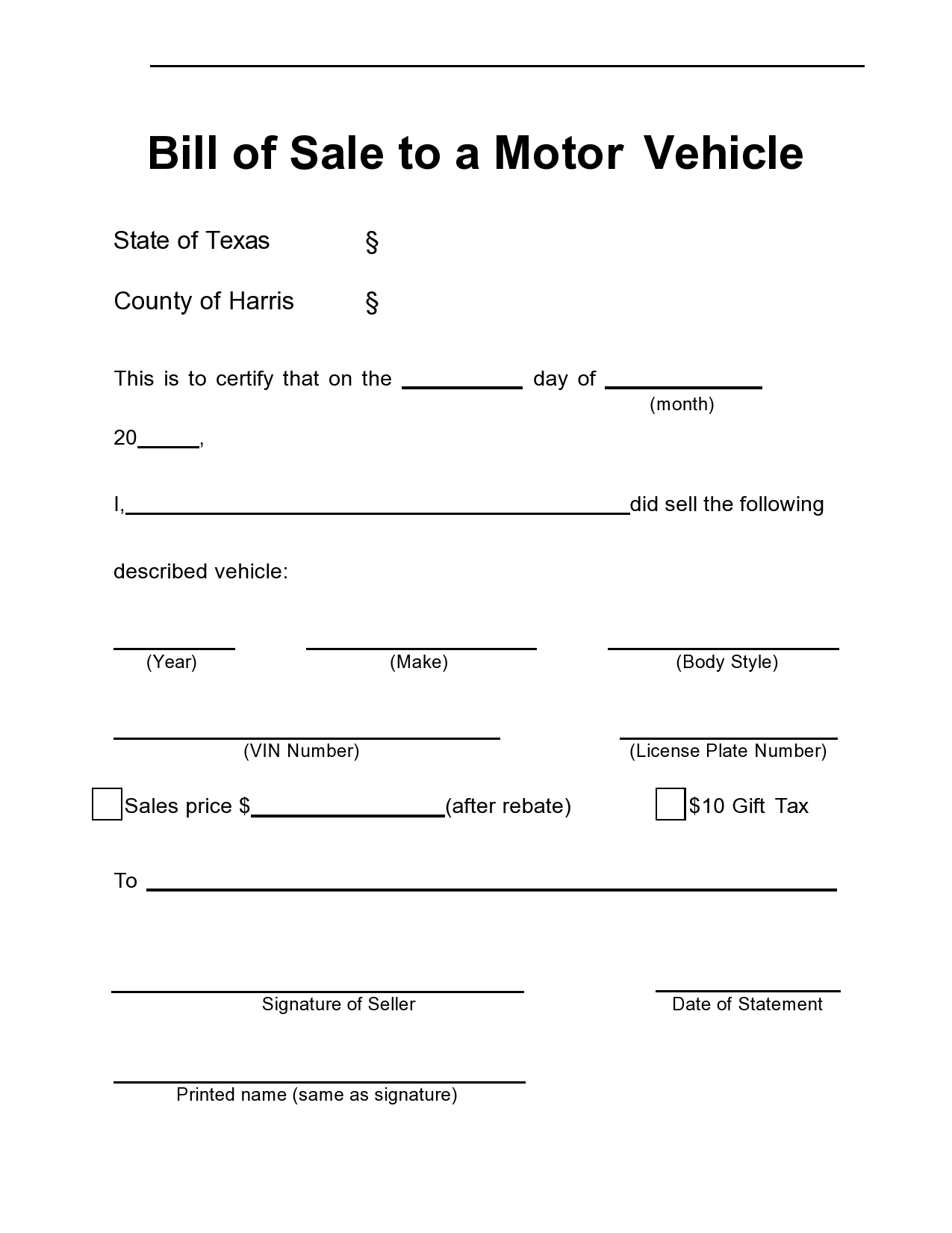 blank motor vehicle bill of sale
