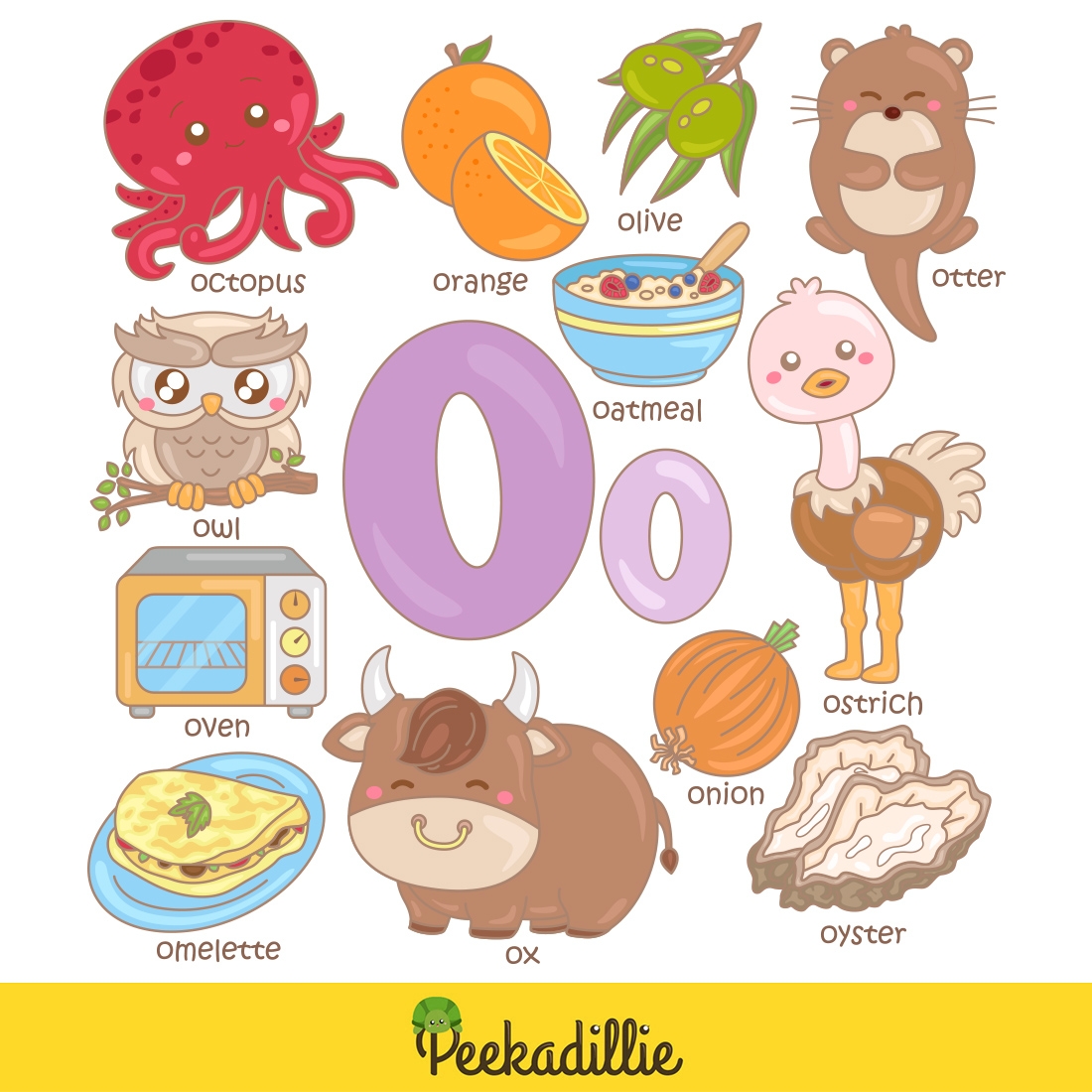 Alphabet O For Vocabulary School Letter Reading Writing Font Study Learning Student Toodler Kids Cartoon Orange Octopus Owl Oven Ox Olive Otter Oyster Onion Oatmeal Ostrich Omelette Illustration Vector Clipart MasterBundles