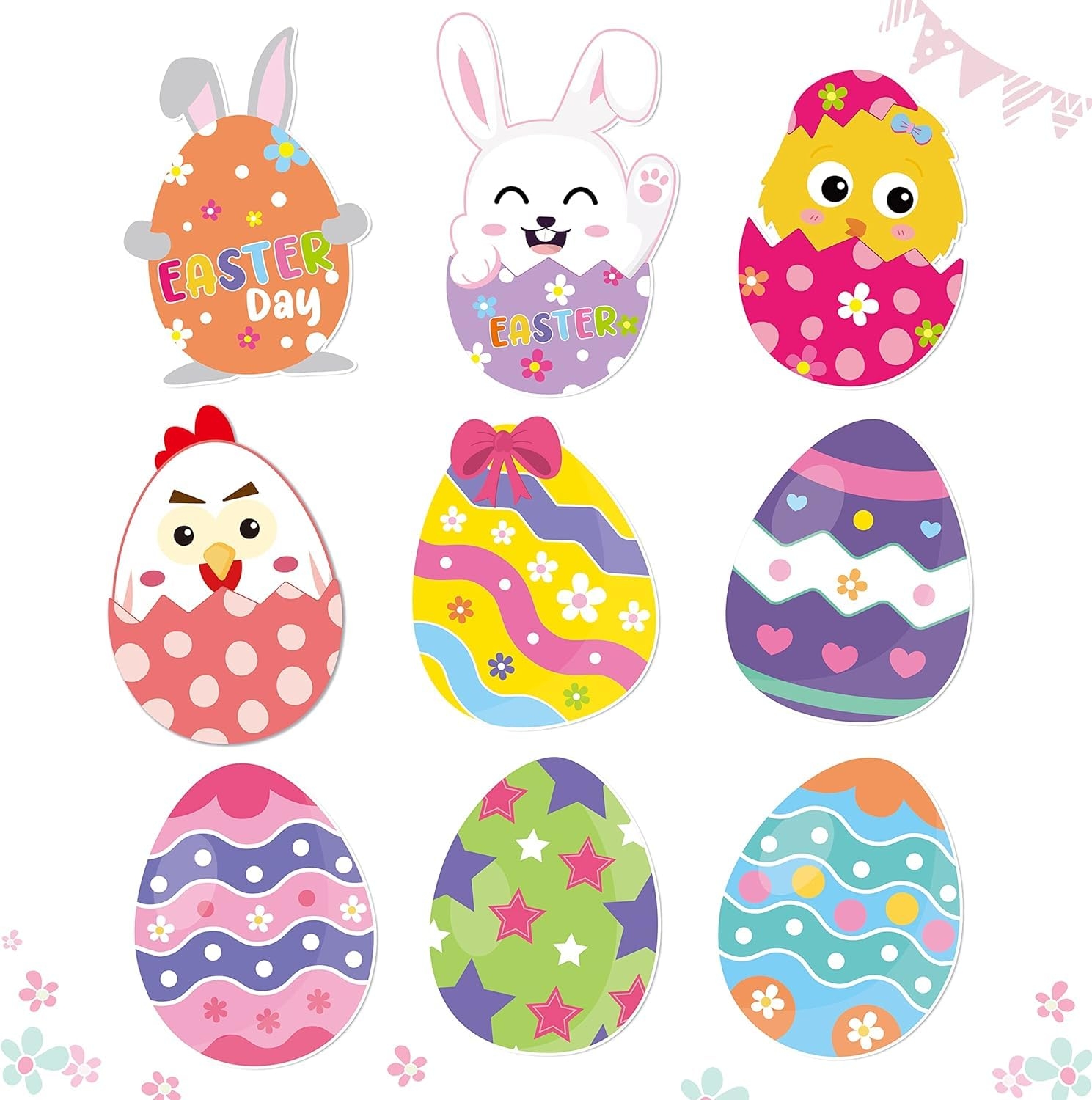 Amazon BeYumi 45Pcs Easter Egg Cutouts Bulletin Board Decoration Set Colorful Bunny Chick Decals Stickers DIY Cardstock Paper Cutout Happy Easter Egg Hunt Game Party Supplies Decor For Classroom Bedroom Office