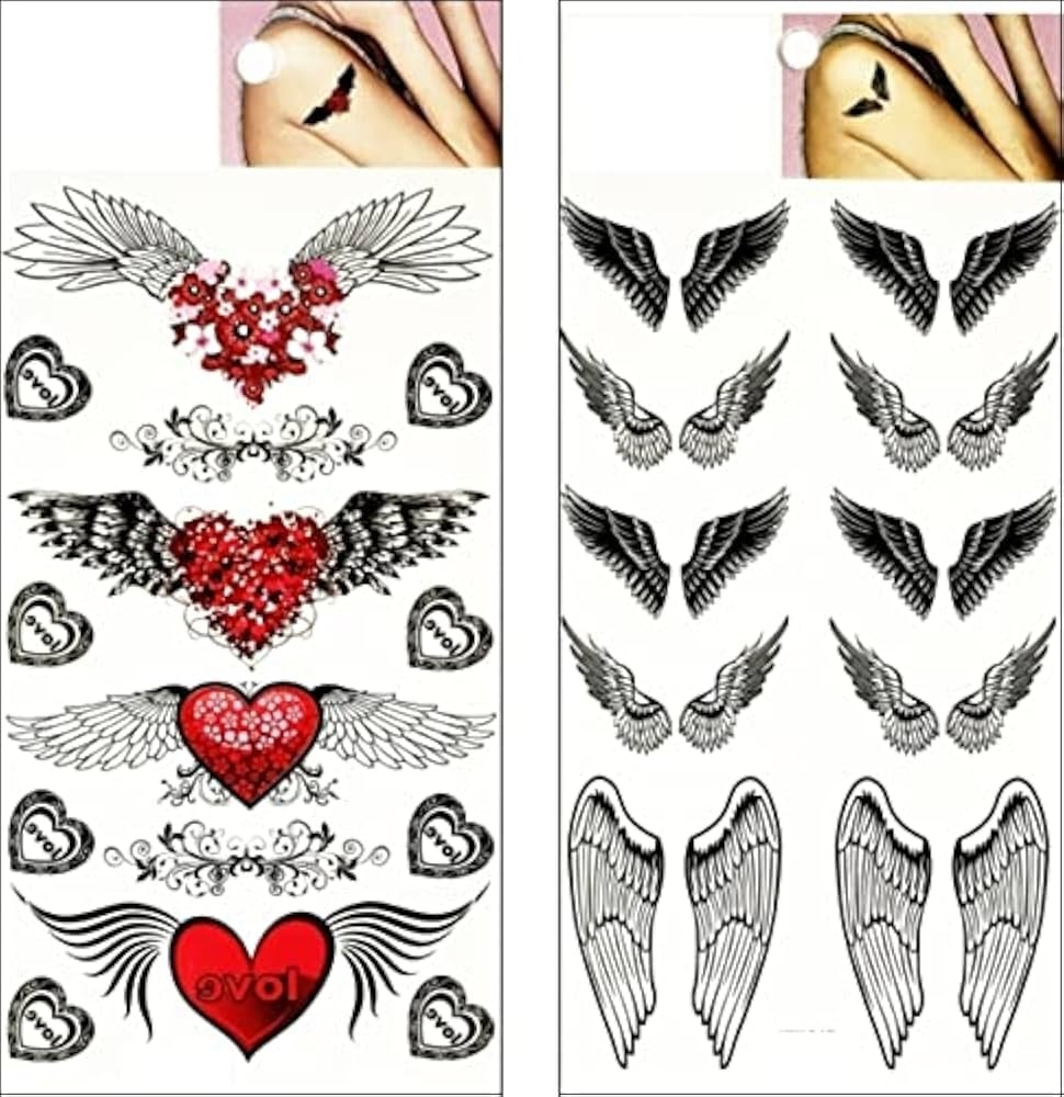 Amazon Set 2 Sheets Red Heart Wings Angel Tattoo Temporary Tattoos For Men Women Design Decorations Body Neck Chest Shoulder Legs Arm Back Patterned Pretty Angel Cartoon 3D Tattoo Fake 