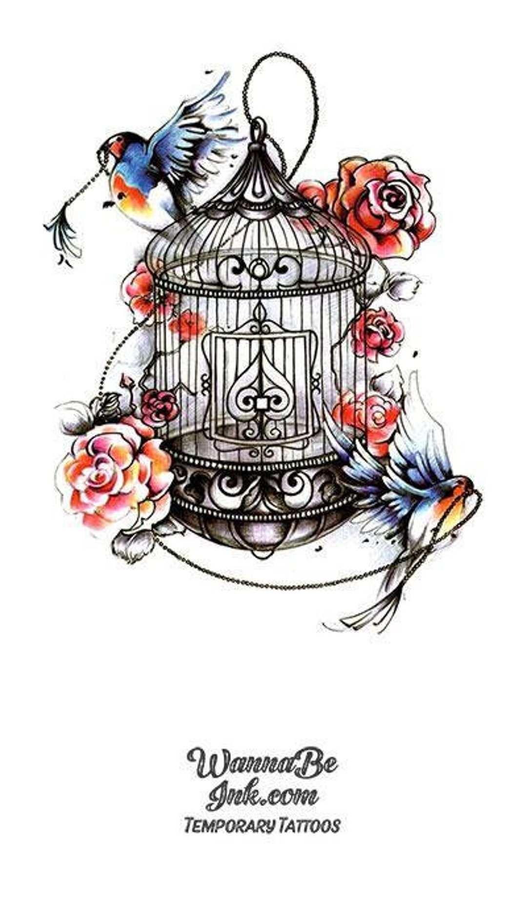 Black Bird Cage With Hummingbird And Flowers Best Temporary Tattoos Etsy Black Bird Cage With Hummingbird And Flowers Best Temporary Tattoos Etsy