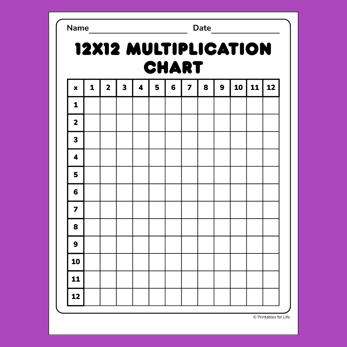 Blank Multiplication Chart 12x12 PDF Printable Blank Multiplication Chart 12x12 PDF Printable