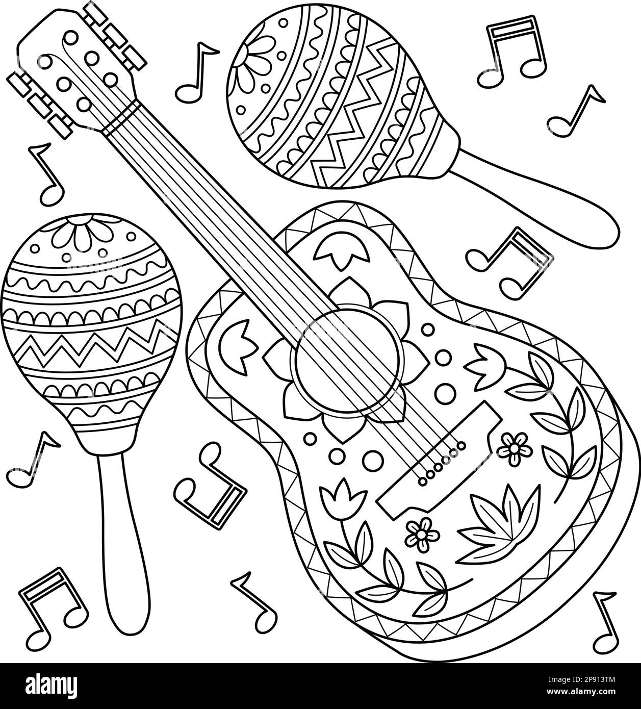 Cinco De Mayo Guitar And Maracas Coloring Page Stock Vector Image Art Alamy