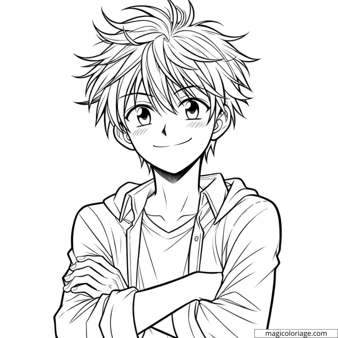 Coloring Manga Boy Smiling Arms Crossed Free Drawing
