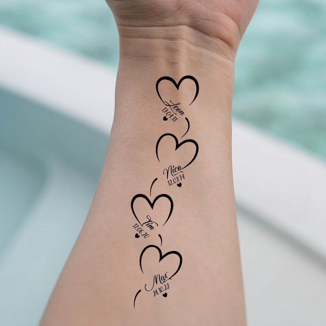 Custom Temporary Tattoo Hearts With Kids Names And Dates set Of 3 Etsy Norway