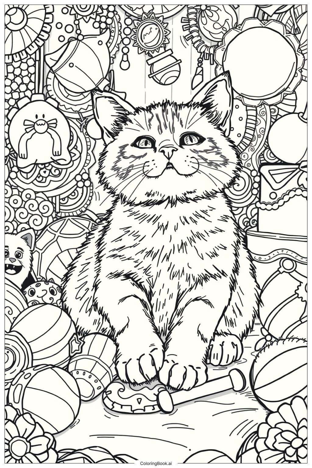 Cute Cat Playing Coloring Page Free PDF PNG Printable 