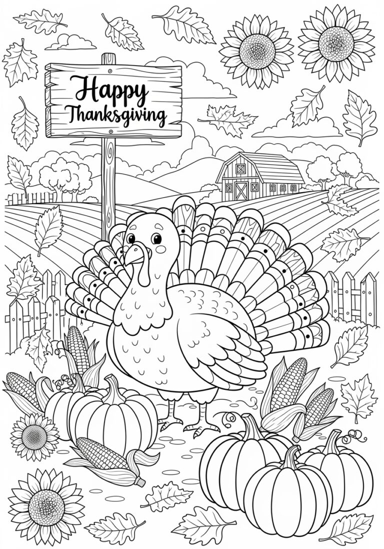 Cute Thanksgiving Coloring Page With Friendly Turkey Cute Thanksgiving Coloring Page With Friendly Turkey