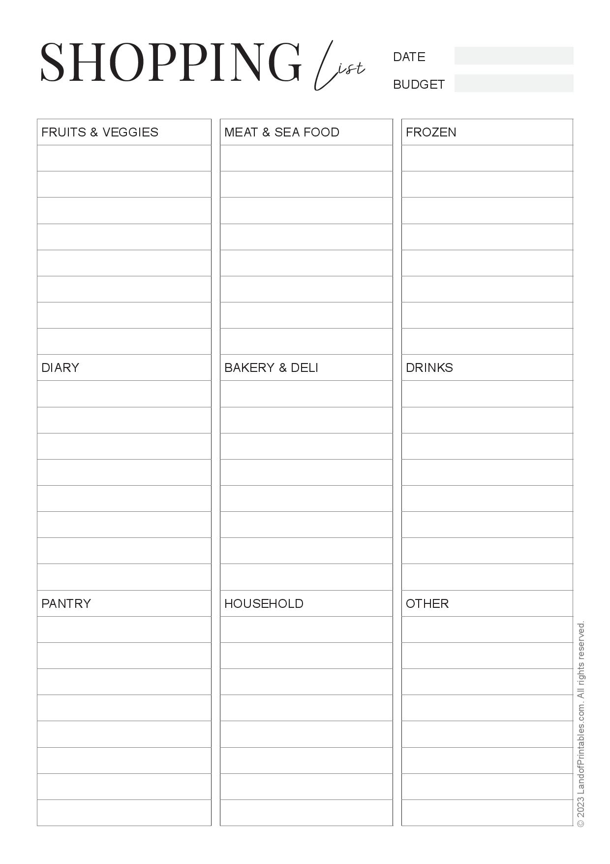 printable grocery list template