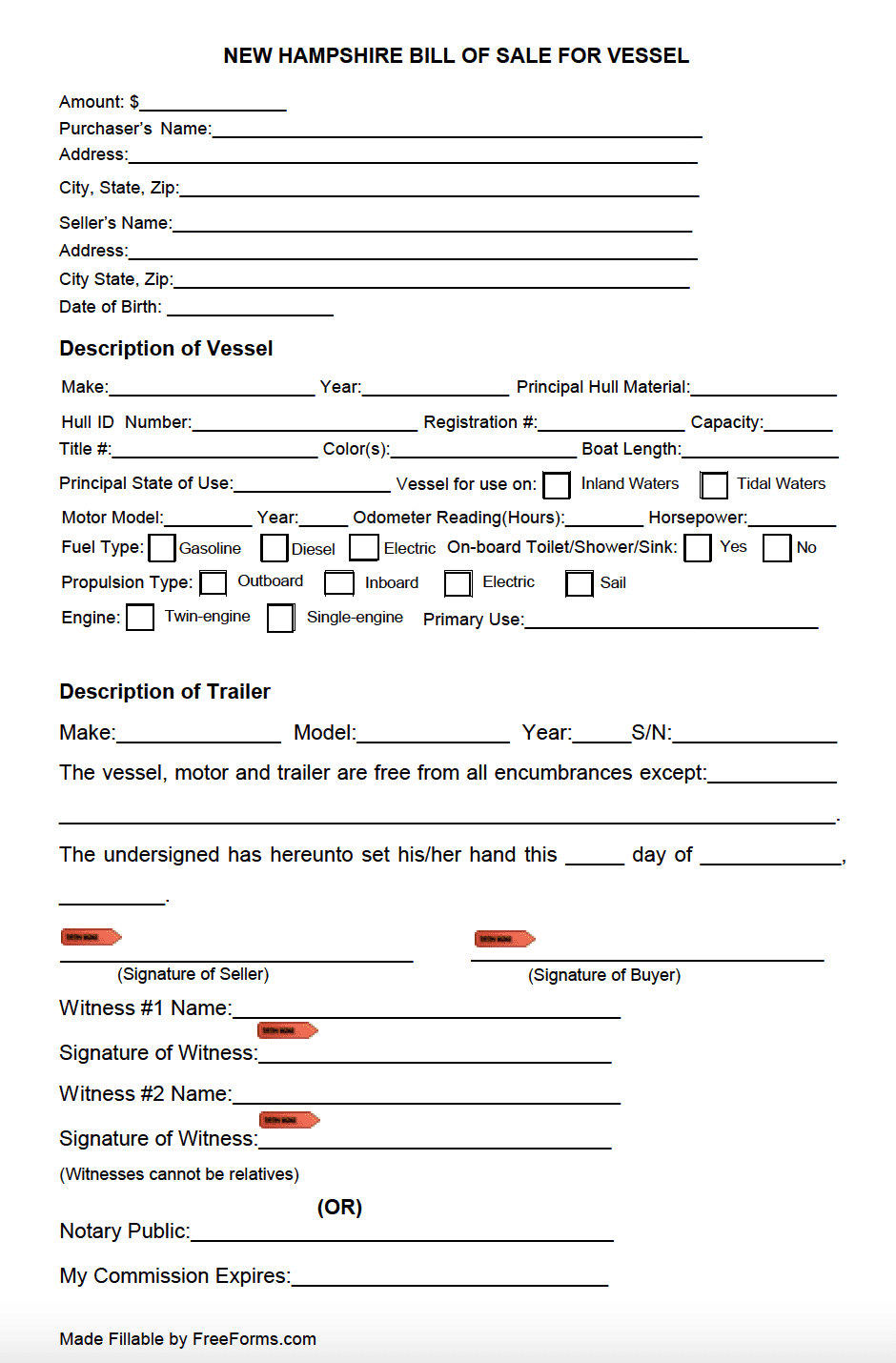 Free New Hampshire Boat Vessel Bill Of Sale Form PDF