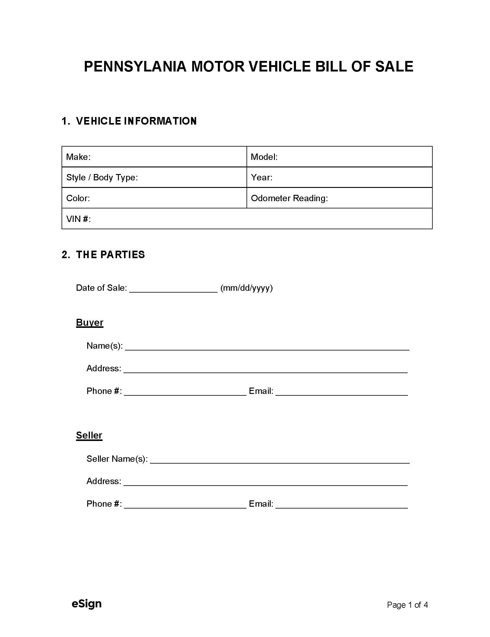 Free Pennsylvania Motor Vehicle Bill Of Sale Form PDF Word