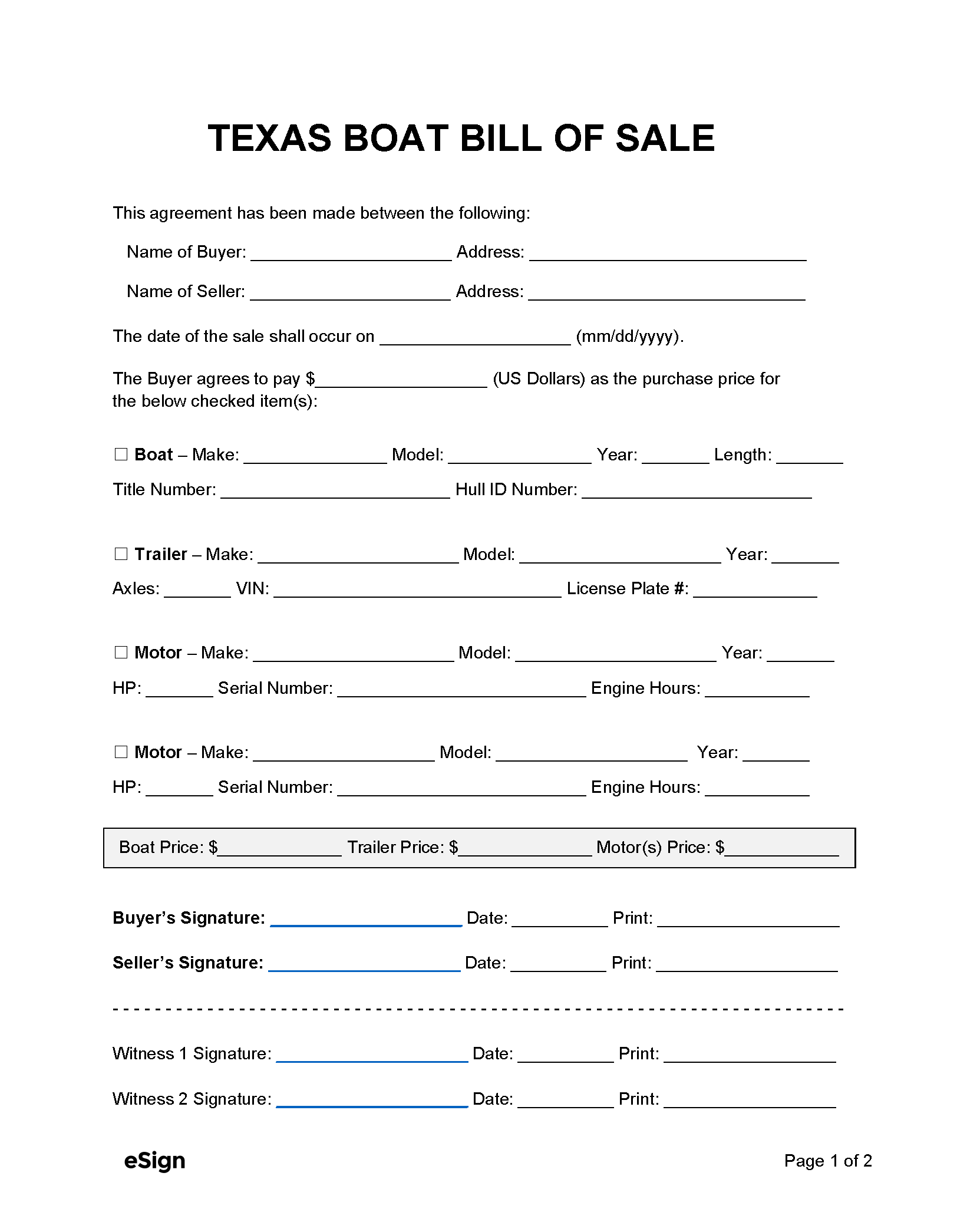 Free Texas Boat Bill Of Sale Form PDF Word