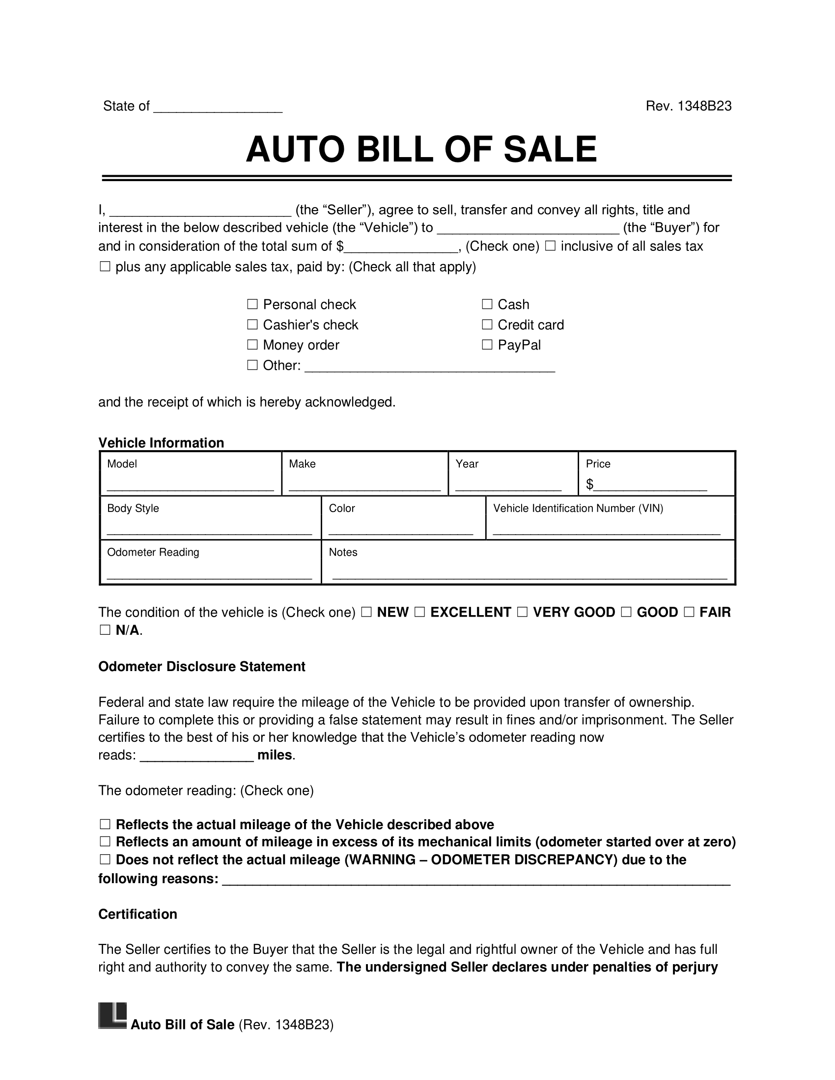 car sale bill of sale