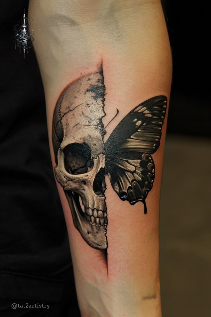 Half Skull Half Butterfly Tattoo Merging Life Afterlife 