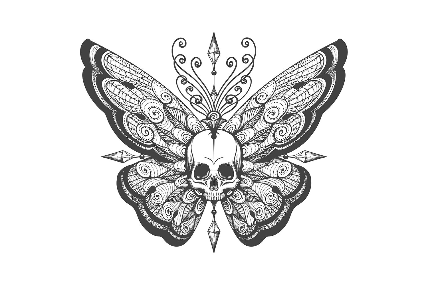 Hand Drawn Skull Butterfly Tattoo By Olena1983 TheHungryJPEG