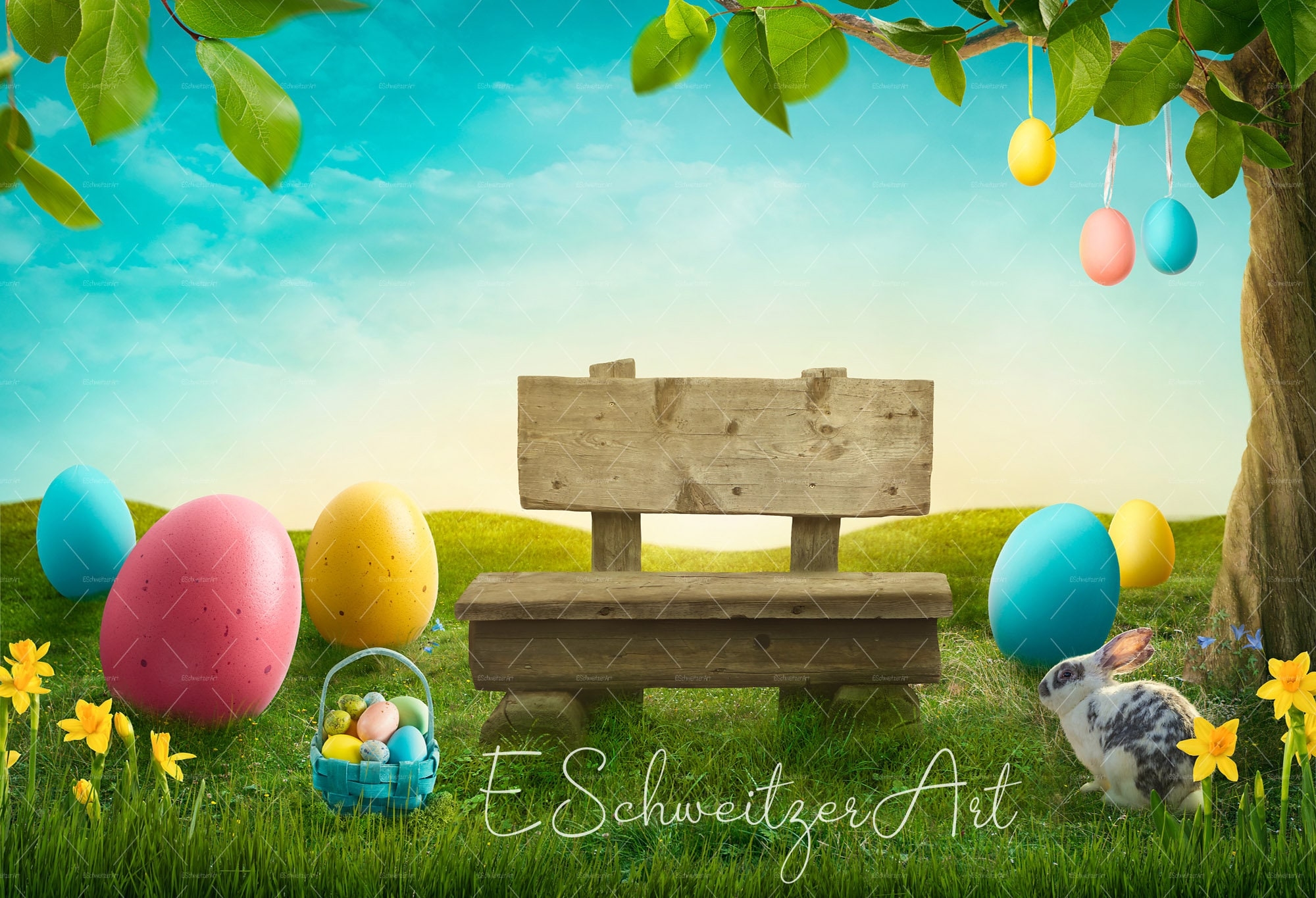 Happy Easter Background With Bench Rabbit And Colorful Eggs For Photographers Digital Download Fieldlandscape Grass Meadow Copyspace Etsy