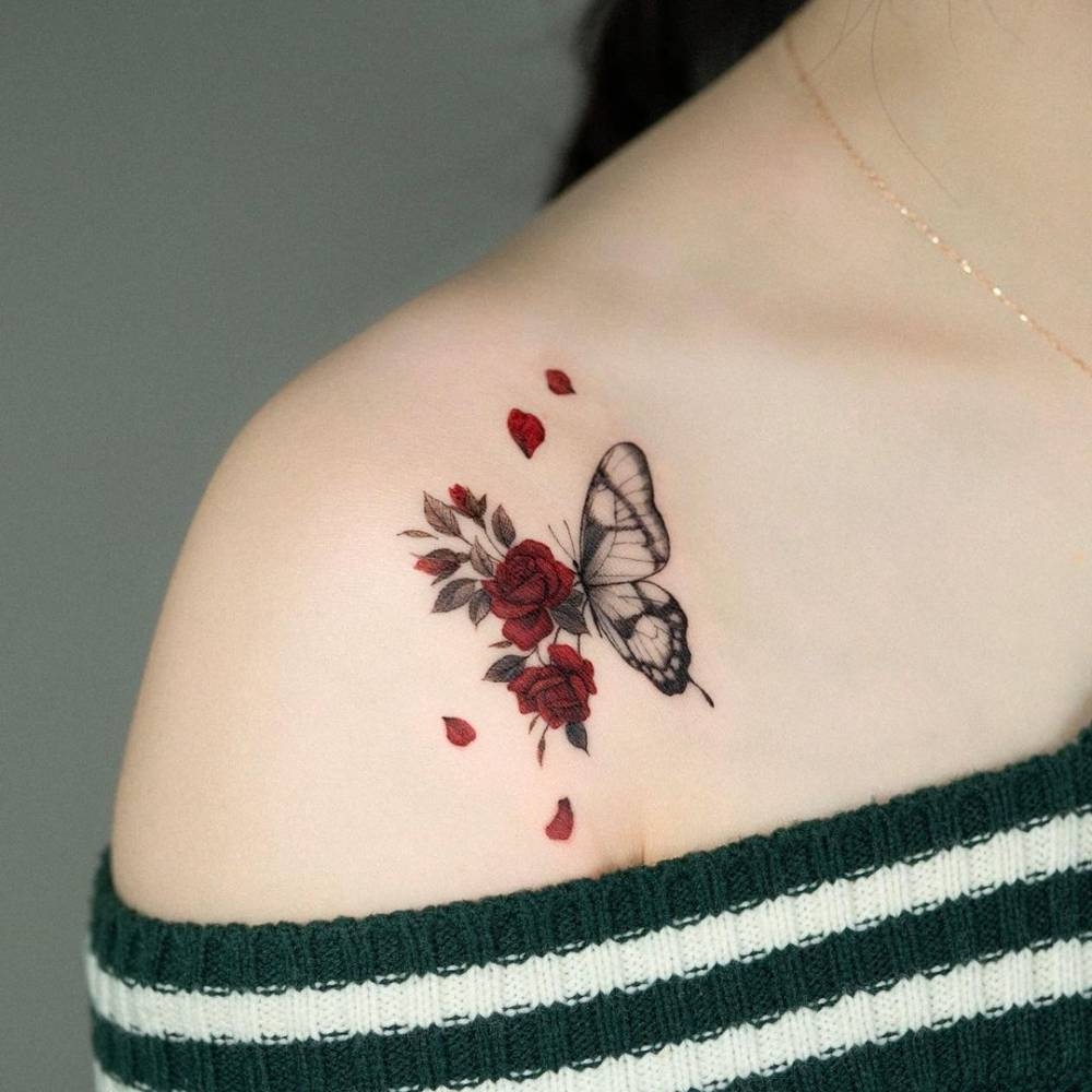 Micro realistic Half Butterfly Half Roses Tattoo On The