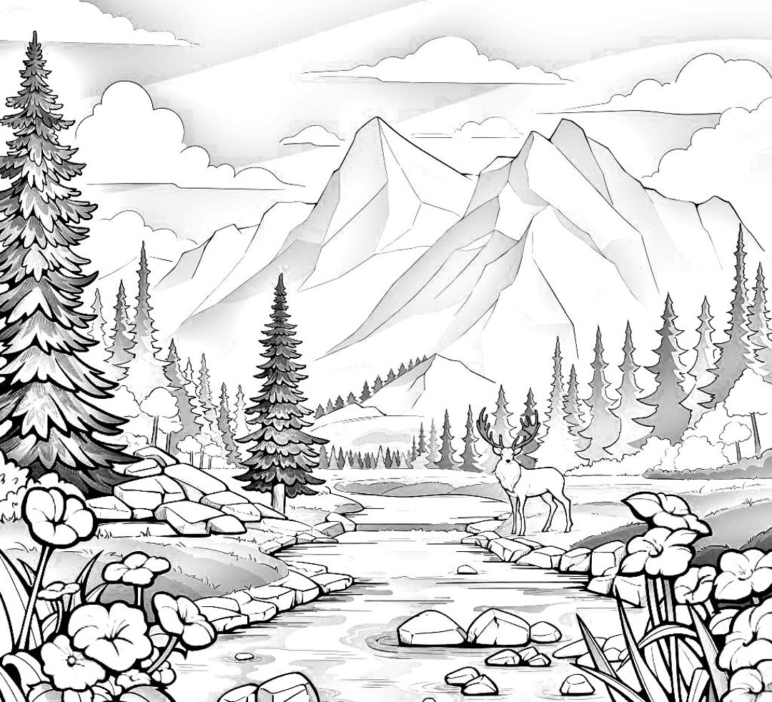 Nature Coloring Page River Mountains Trees PDF Printable Etsy Nature Coloring Page River Mountains Trees PDF Printable Etsy