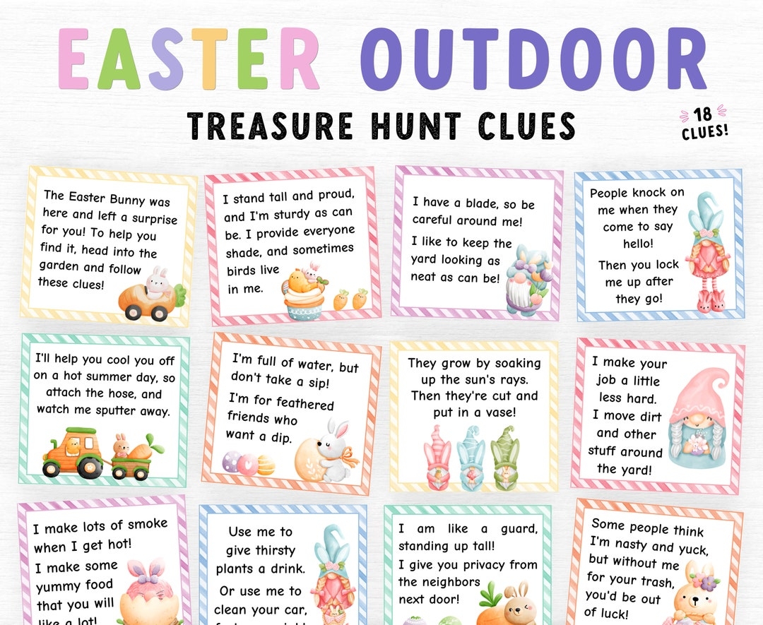 Outdoor Easter Treasure Hunt Clues Easter Scavenger Hunt For Kids Easter Printable Game For Kids Printable Eggs Hunt Clue Easter Game Etsy Outdoor Easter Treasure Hunt Clues Easter Scavenger Hunt For Kids Easter Printable Game For Kids Printable Eggs Hunt Clue Easter Game Etsy
