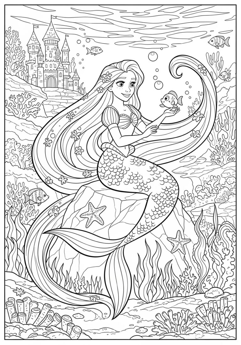 Rapunzel Mermaid Coloring Page Printable Kids Activity