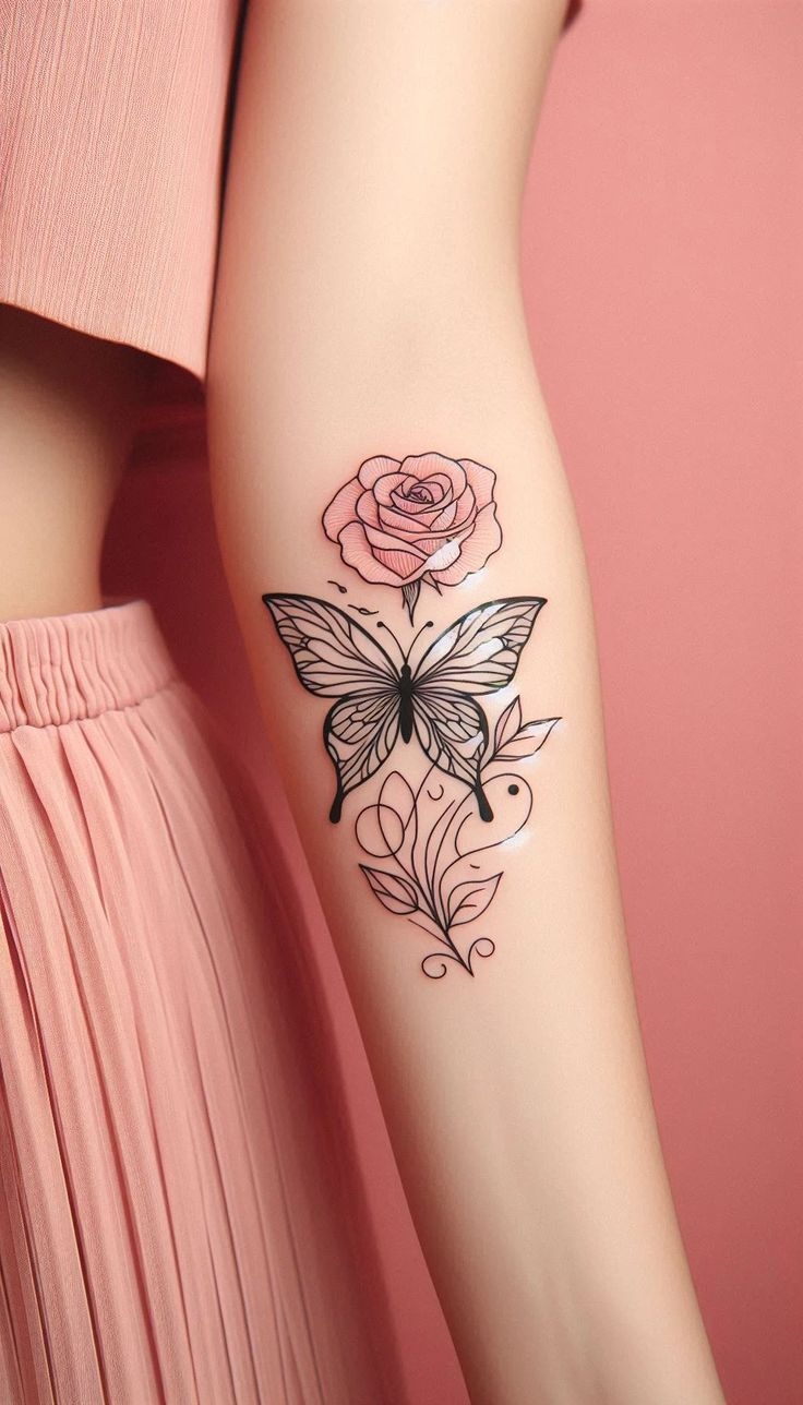 Rose Butterfly A Fine Line Tattoo Of Love And Transformation