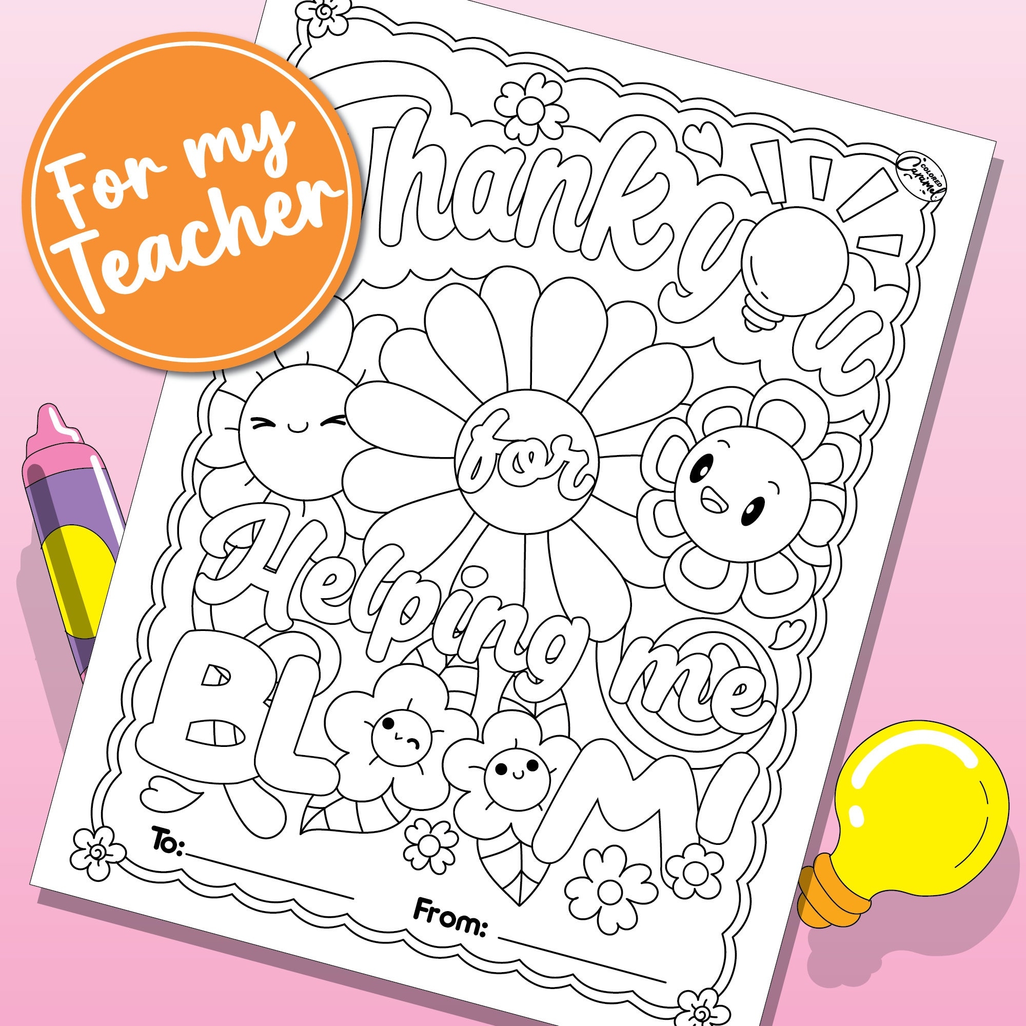 Teacher Appreciation Coloring Page Thank You Flowers digital Download Etsy