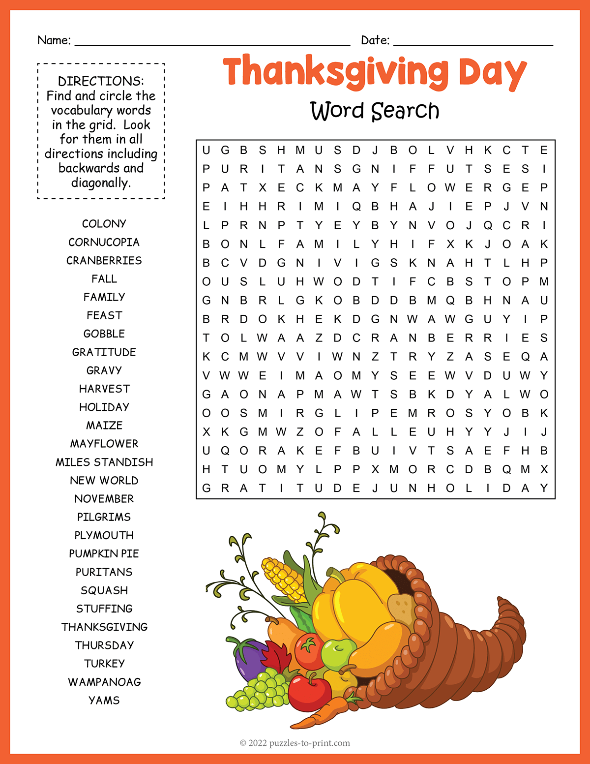 Thanksgiving Word Search Thanksgiving Word Search