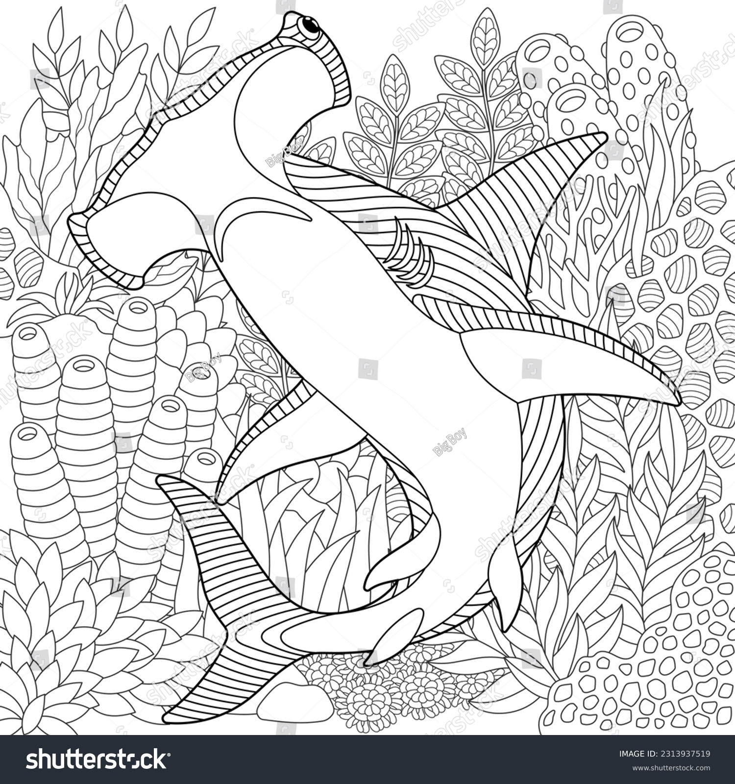 Underwater Scene Hammerhead Shark Adult Coloring Stock Vector Royalty Free 2313937519 Shutterstock