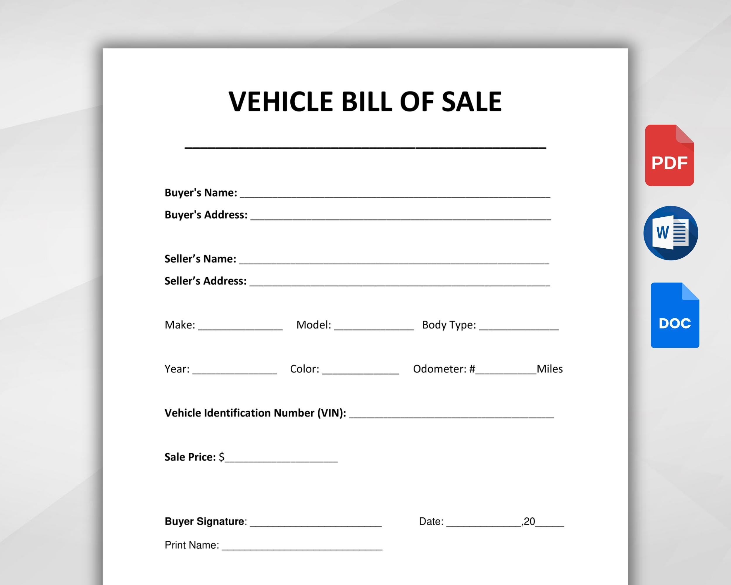 Vehicle Bill Of Sale Printable Motor Vehicle Sale Contract Vehicle Bill Of Sale Template Editable Google Docs WORD PDF Instant Download Etsy