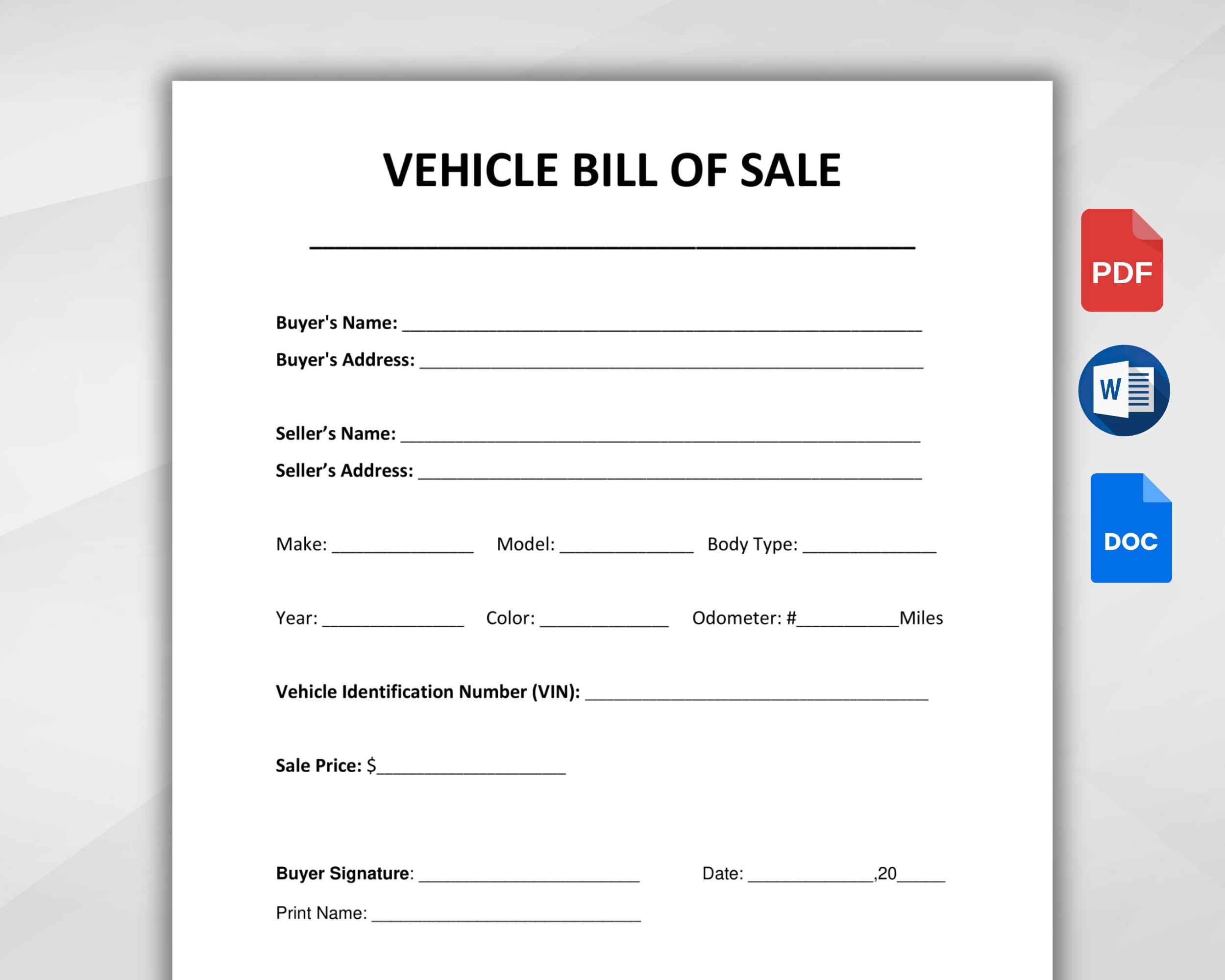 Vehicle Bill Of Sale Printable Motor Vehicle Sale Contract Vehicle Bill Of Sale Template Editable Google Docs WORD PDF Instant Download Etsy
