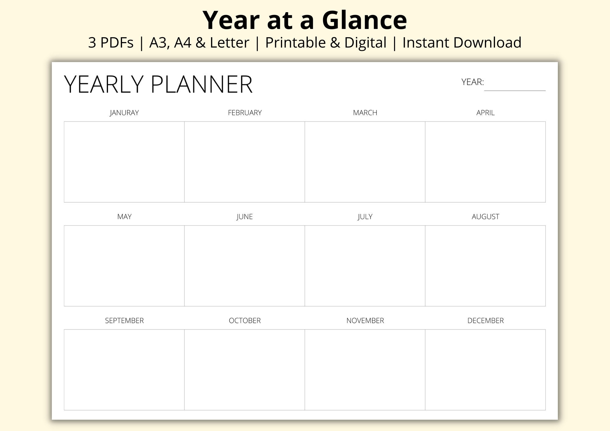 Year At A Glance Yearly Overview Yearly Planner Blank Annual Planner 12 Month Overview Yearly Agenda Printable digital A3 a4 letter Etsy